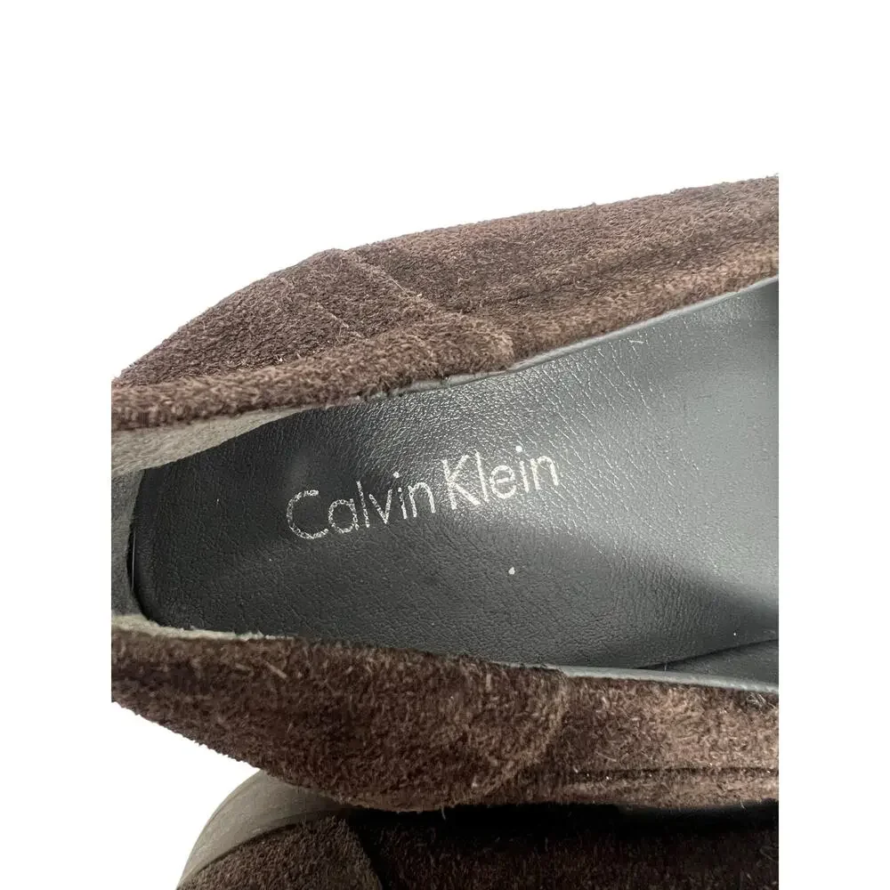 Calvin Klein Men's Brice Suede Slip-on Loafer in Dark Brown w Metal Buckle 9.5